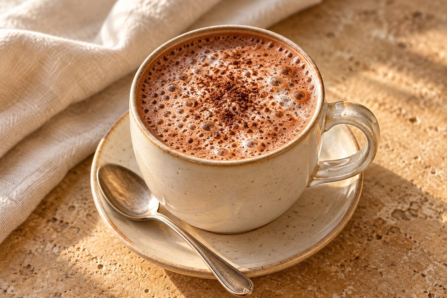 Illustrative editorial scene of warm cacao in a handmade ceramic cup