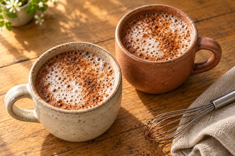 Illustrative ivory and terracotta mugs of bubbly cacao beside a whisk