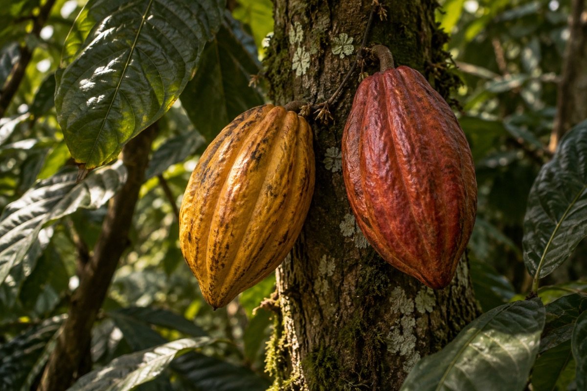 AI-generated cacao tree illustration, not a documented farm